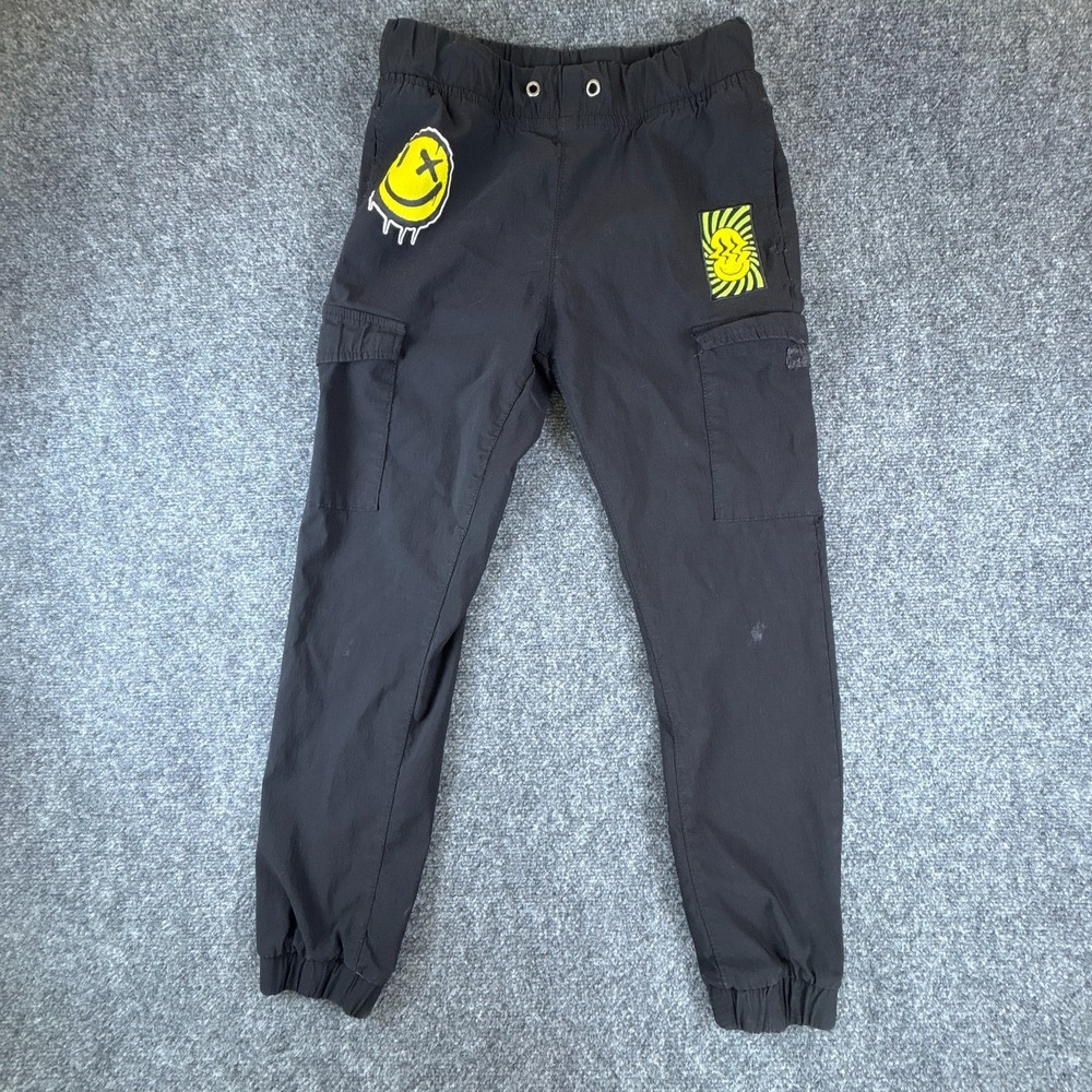 Ring Of Fire Joggers Pants Boys 27x25 Black Smiley Logo Cargo Pockets Tapered